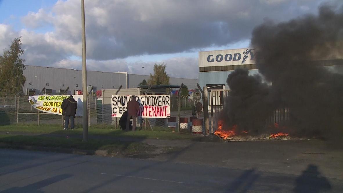 France: Burning rubber barricade outside Goodyear factory