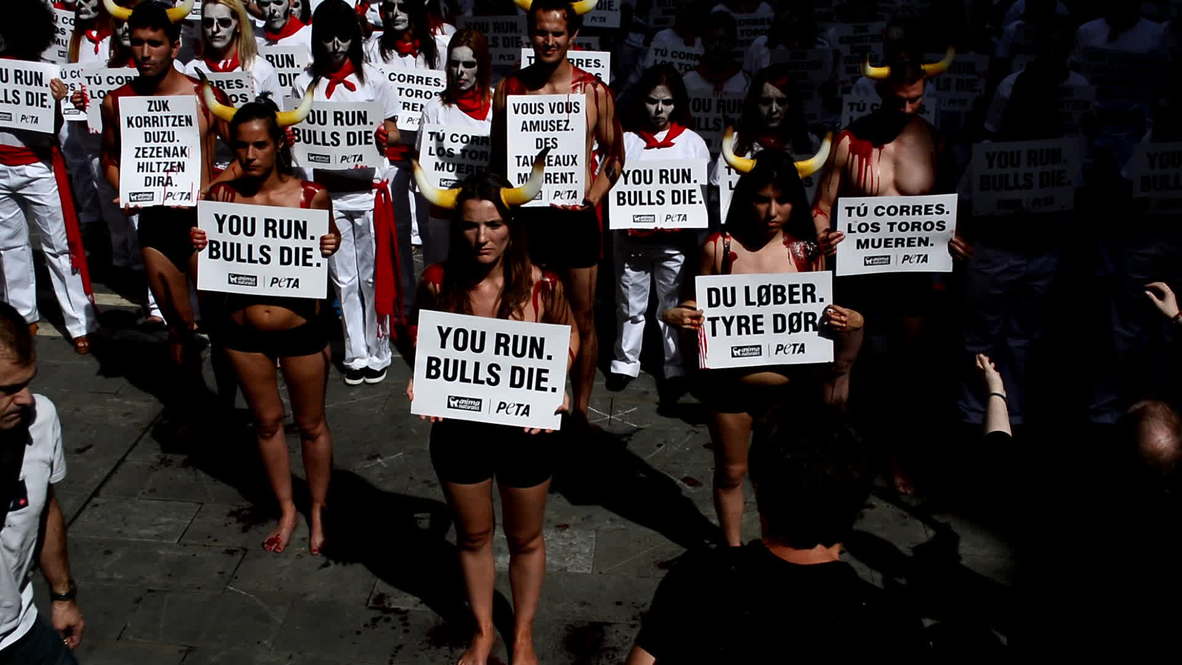 Spain: PETA activists get naked to protest famous bull festival