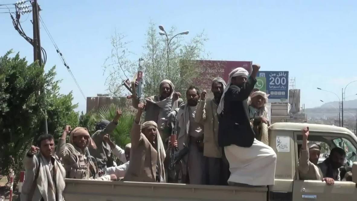 Yemen: Houthi militants patrol captured army base in Sanaa
