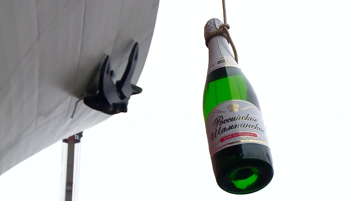 Russia: Watch as navy patrol ship Admiral Essen is christened with champers
