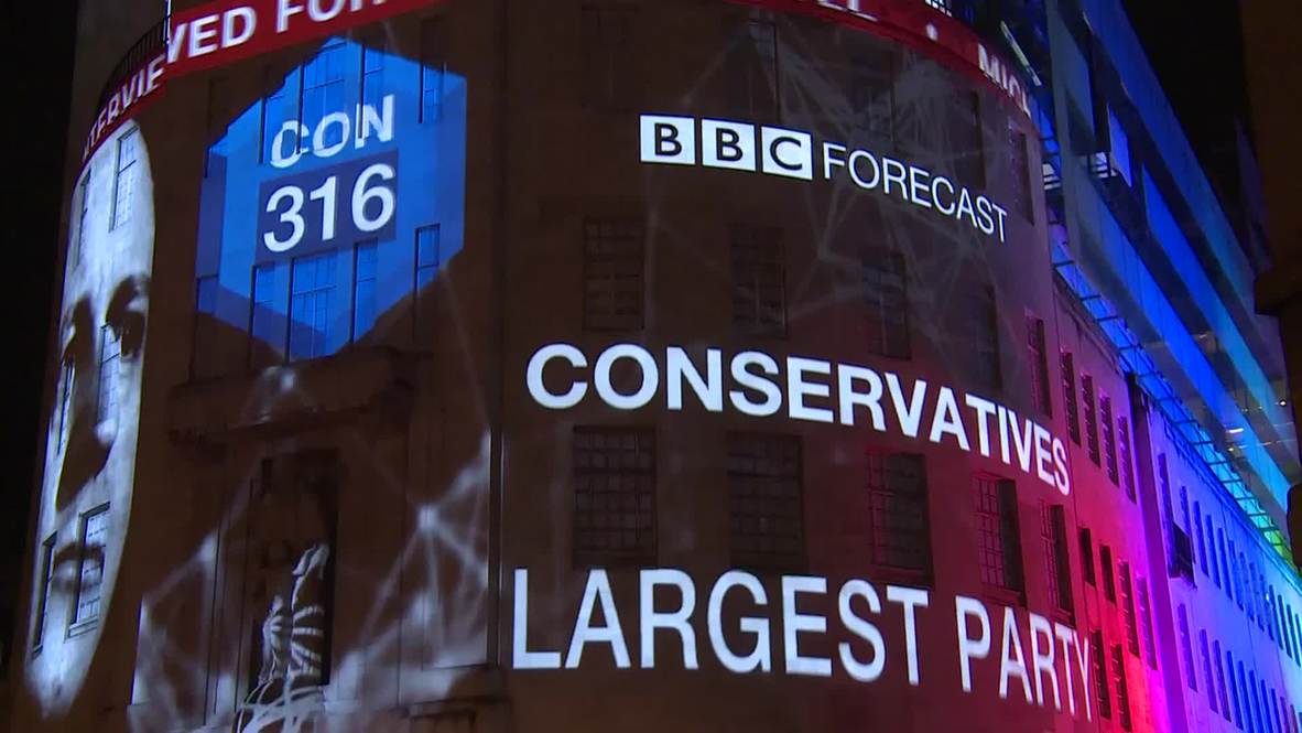 UK: Crowds gather outside BBC as exit polls predict Tory win