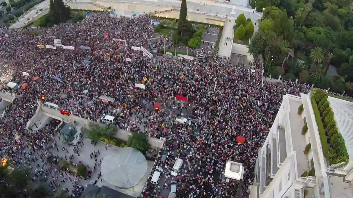 Greece: Drone footage shows thousands in anti-austerity protest on Syntagma Square
