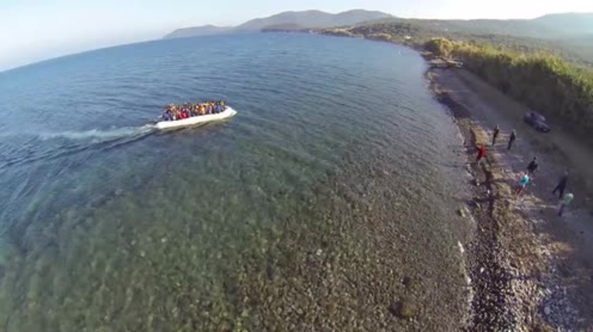 Greece: Drone captures refugee boat arriving on Lesbos