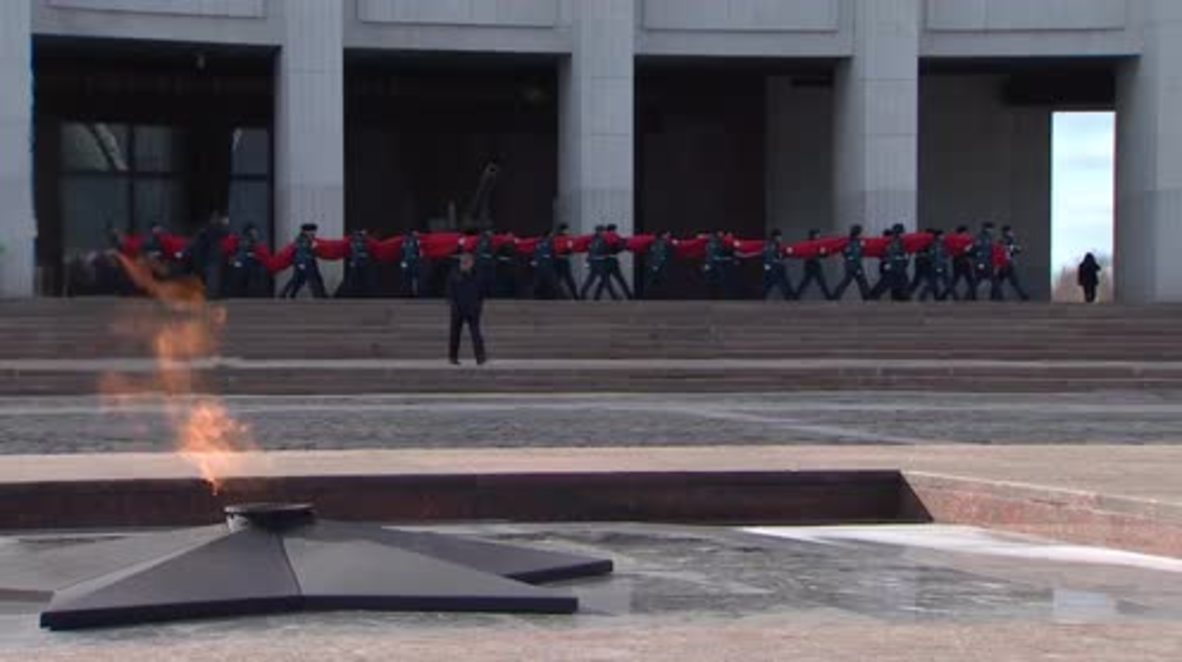Russia: Huge Soviet Victory Banner unfurled on Poklonnaya Hill