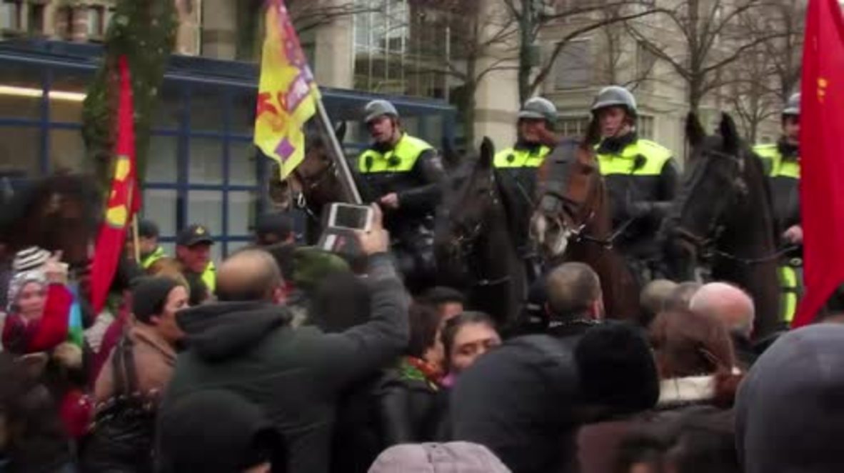 Netherlands: Mounted police charge at pro-Kurdish protesters at The Hague