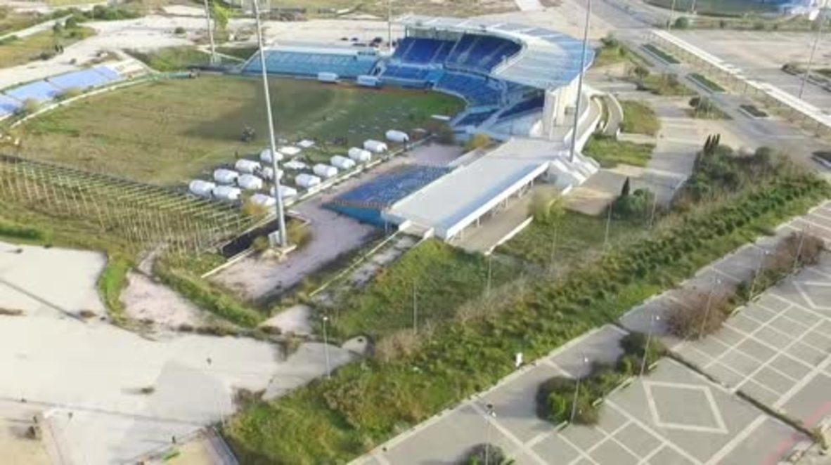 Greece: Drone captures conversion of Olympic stadium into refugee hotspot