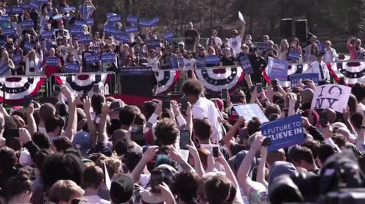 USA: Danny DeVito joins Sanders at homecoming rally in Brooklyn