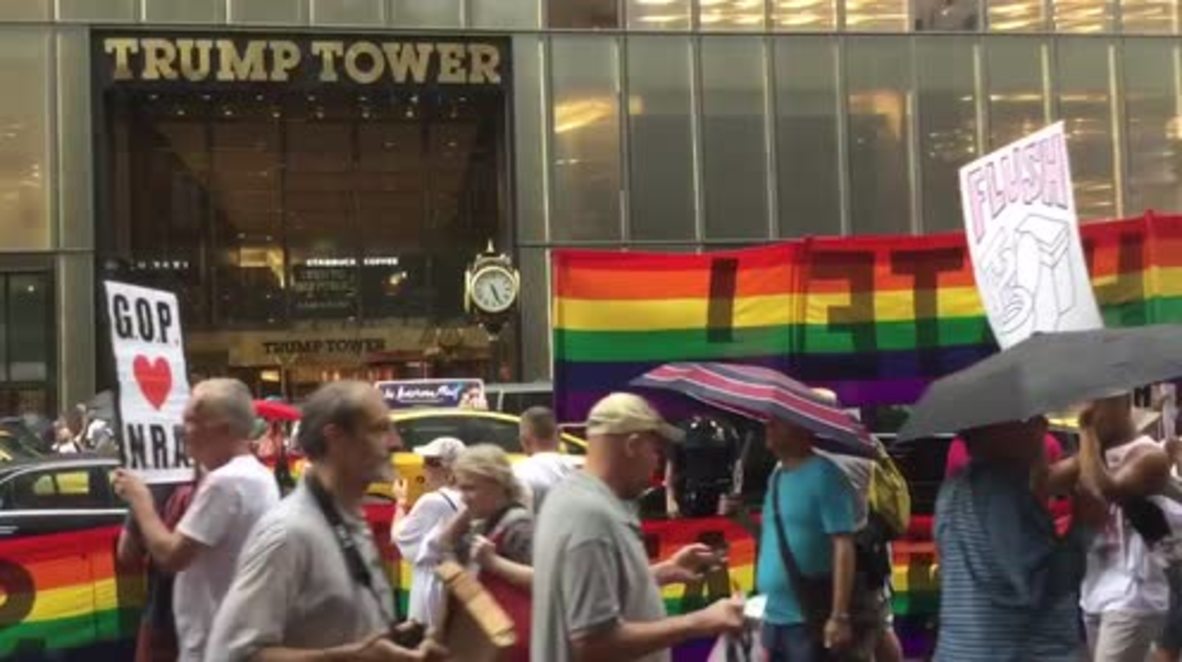 USA: Pro-LGBT activists picket Trump Tower as GOP convention kicks off