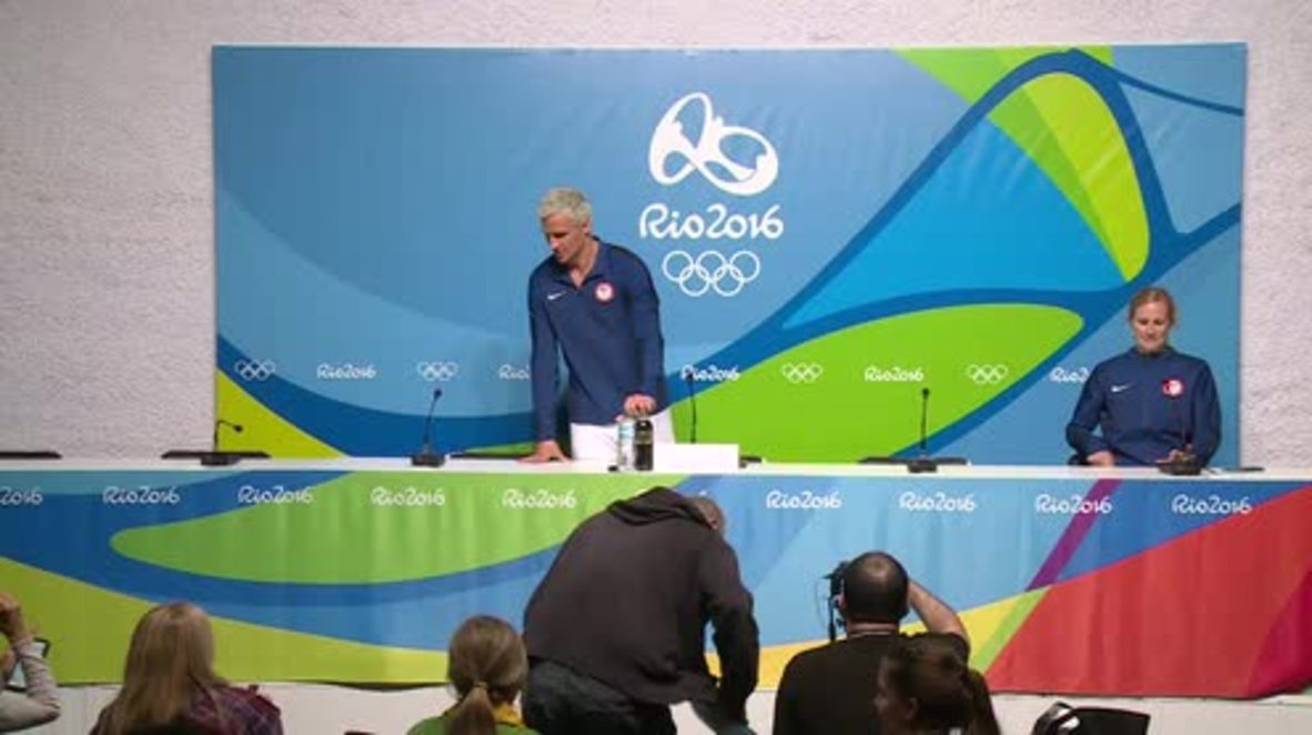 Brazil: US swimmer Ryan Lochte speaks to press after sinking in 200m medley