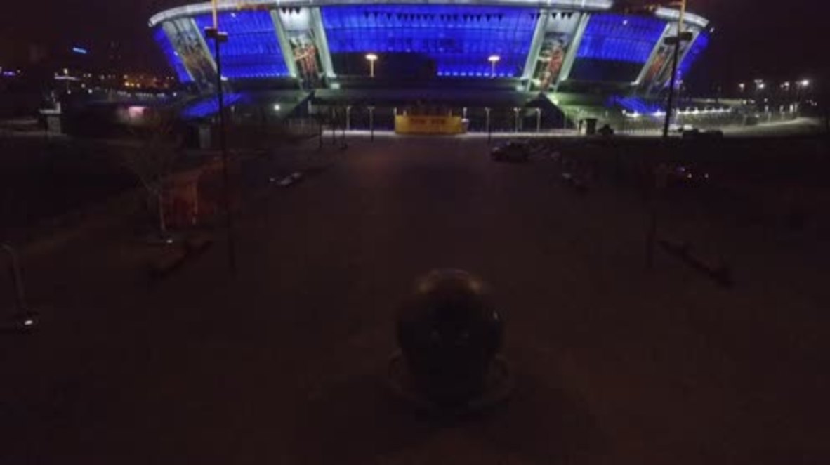 Ukraine: Drone captures fully lit Donbass Arena as resistance against trade blockade continues