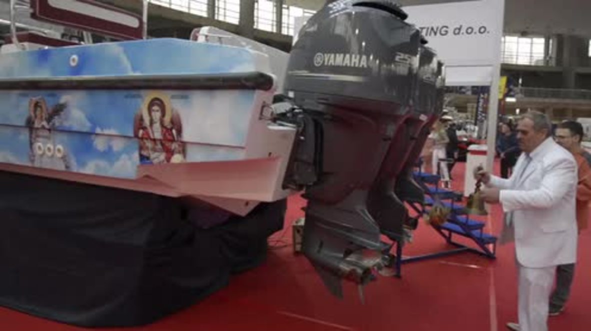 Serbia: Speedboat covered in icons and frescos displayed at Belgrade's boat show