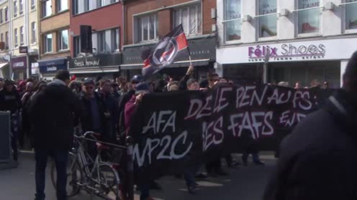 France: Hundreds protest against Marine Le Pen during FN meeting in Lille