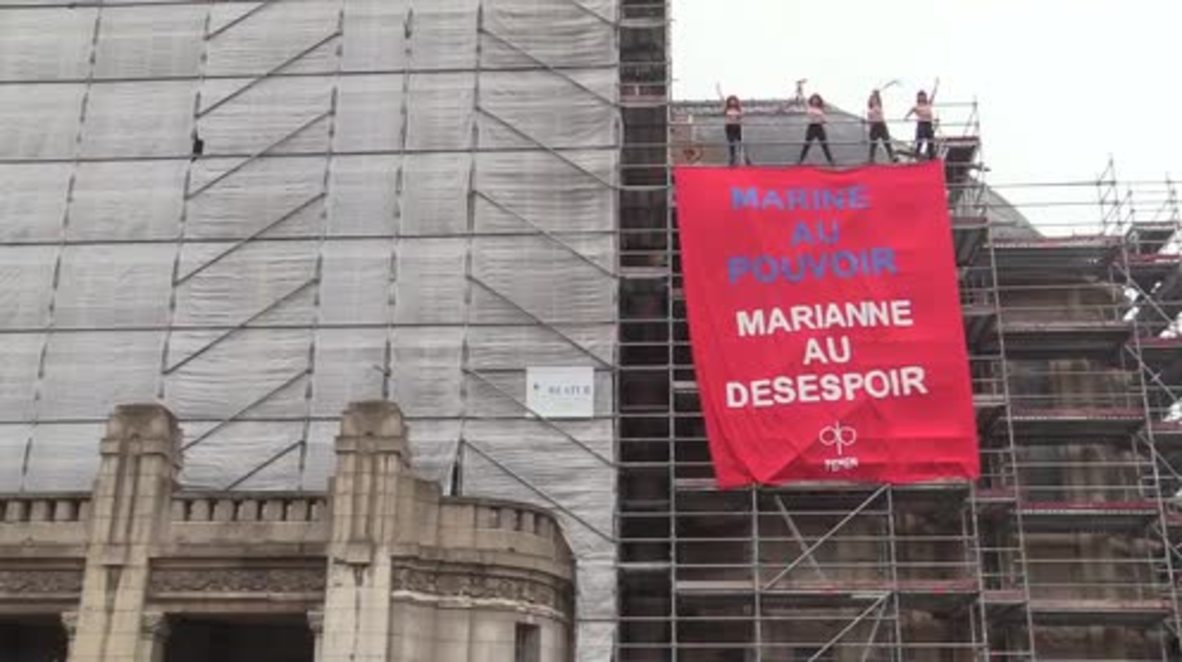 France: Topless FEMEN activists occupy voting station in Le Pen stronghold *EXPLICIT*