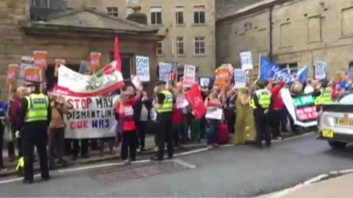 UK: Protesters disturb May’s manifesto launch outside Dean Clough Mill in Halifax