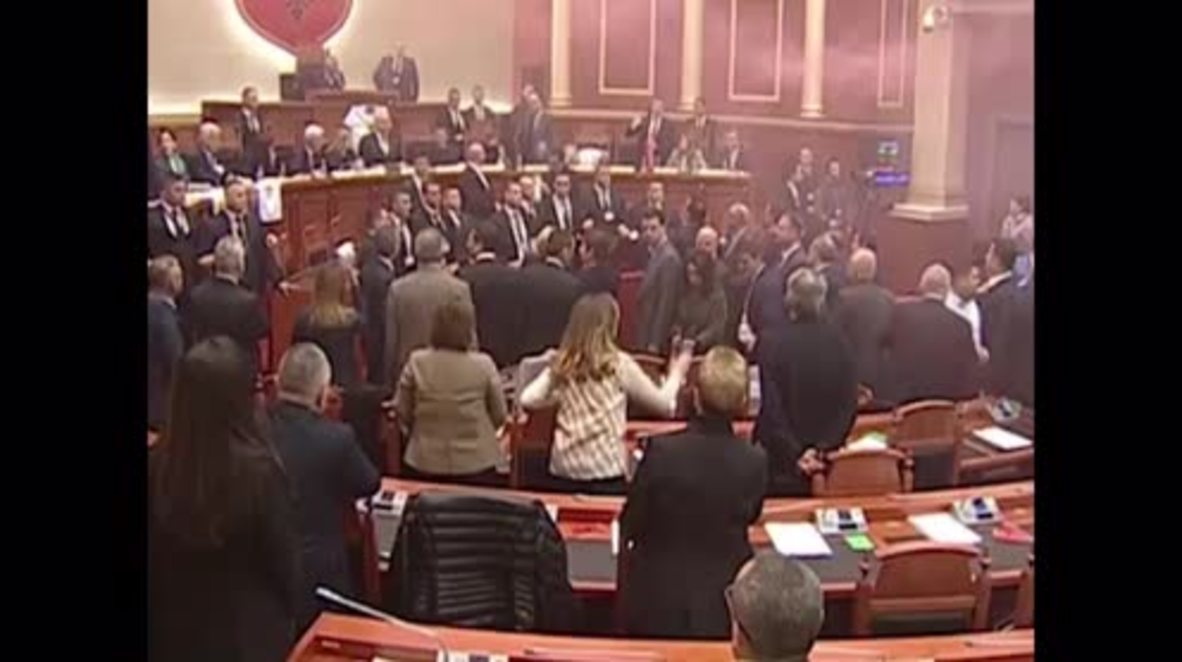 Albania: MPs shroud parliament in pink smoke in bid to halt elections