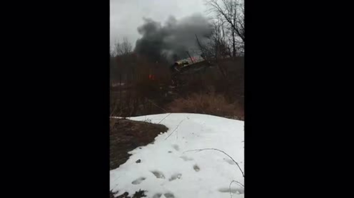 USA: Two injured as freight train derails and catches fire in Attica, NY