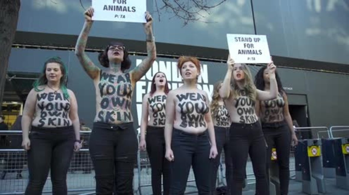 UK: Topless PETA protesters picket London Fashion Week *EXPLICIT*