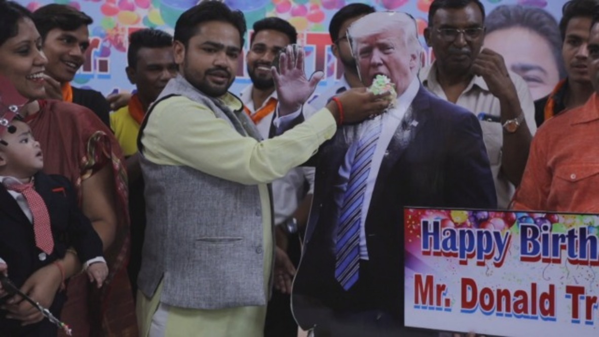 Let him eat cake! Indian fans celebrate Trump birthday with life-size cut-out