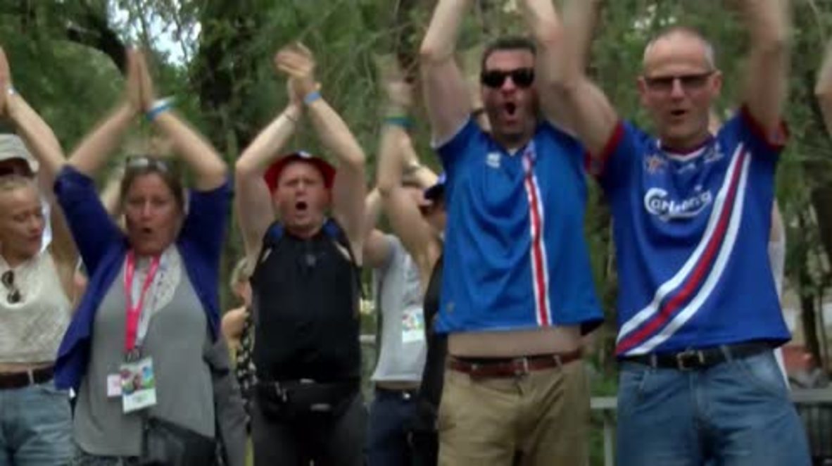 Russia: Iceland fans stroll through Rostov-on-Don singing songs and waving flags