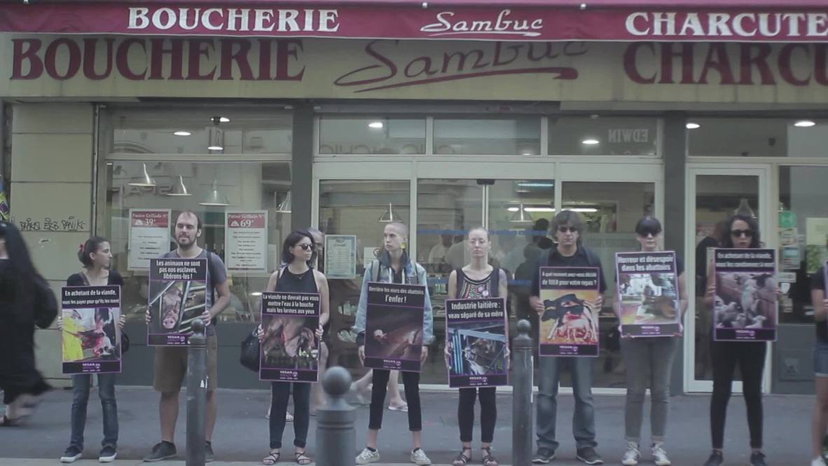 France: Vegan activists stage rally outside butcher shop