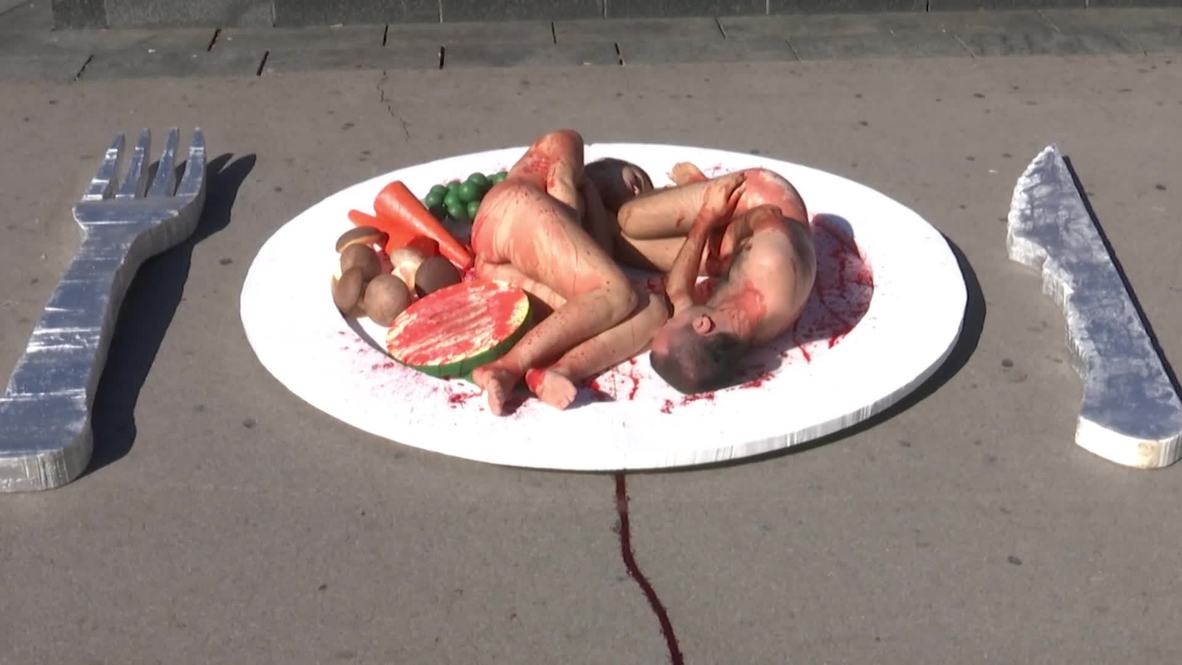 Spain: Naked vegans plated up for Barcelona protest
