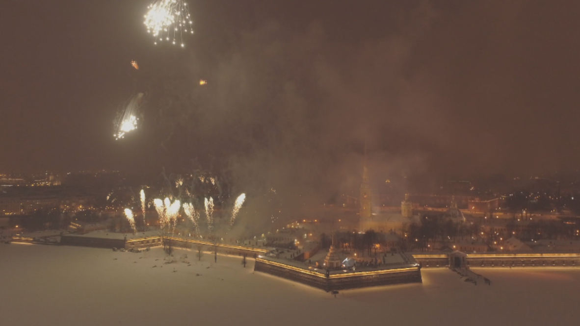Light installations and fireworks illuminate the skies over St. Petersburg