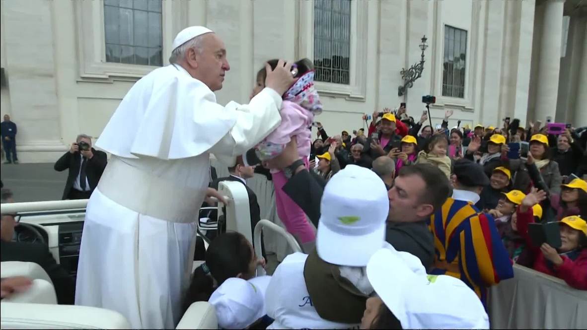 Vatican City: Children rescued from Libya take ride on popemobile with Pope Francis