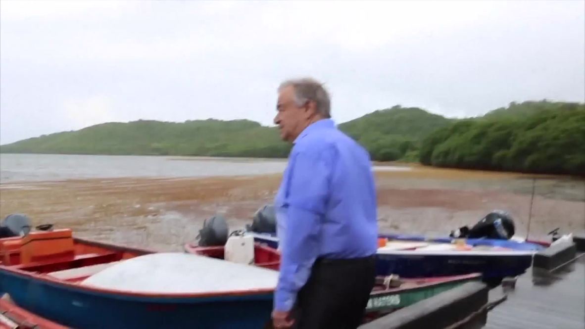 St. Lucia UN Secretary General Guterres inspects Sargassum seaweed