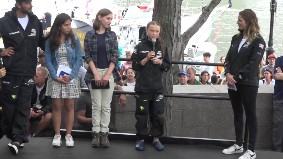USA: Climate activist Greta Thunberg addresses supporters upon arrival in New York City