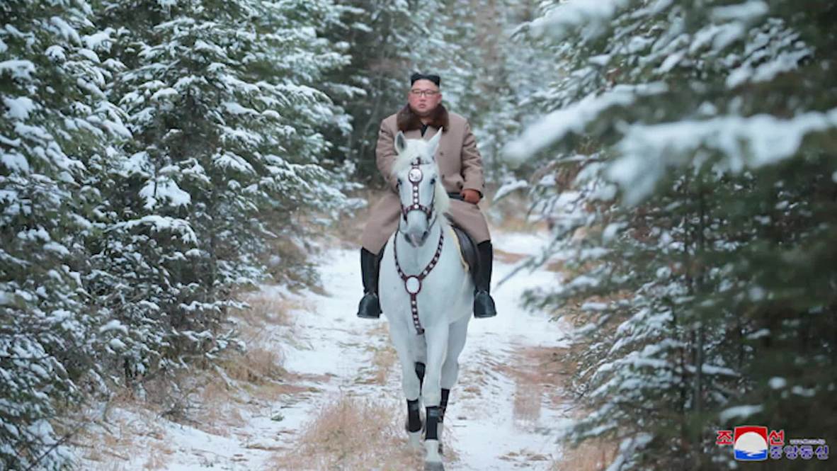 Kim Jong-un rides white stallion up sacred mountain *STILLS*
