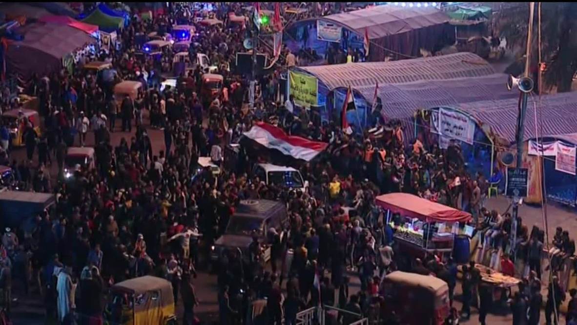 Iraq: Anti-govt. demonstrators gather at Tahrir Square as night falls in Baghdad