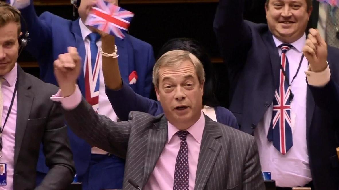 Belgium: Farage's microphone cut off as he waves UK flag in last EU speech