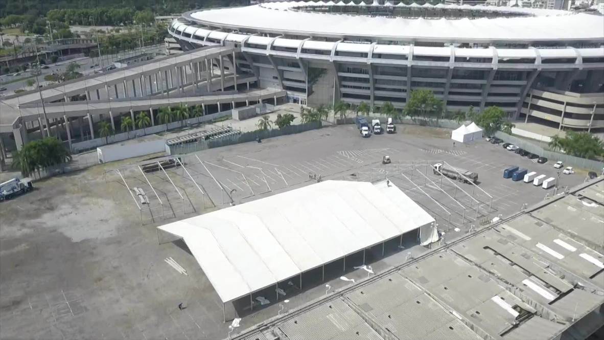 Brazil: Drone footage shows Maracana stadium COVID-19 field hospital tents being set up