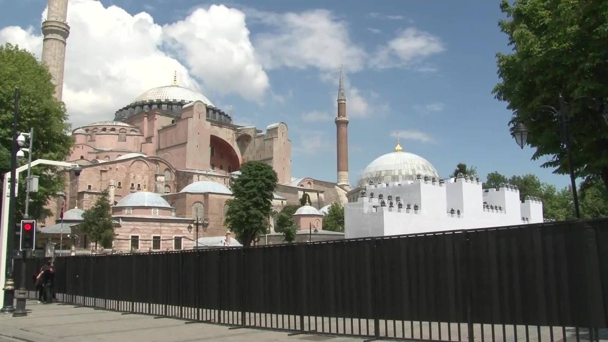 Turkey: Walls of Constantinople erected outside Hagia Sophia on 567th anniversary of fall
