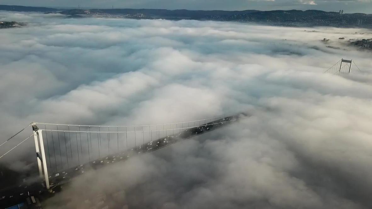 Turkey: Drone footage captures thick fog blanketing Bosphorus Bridge