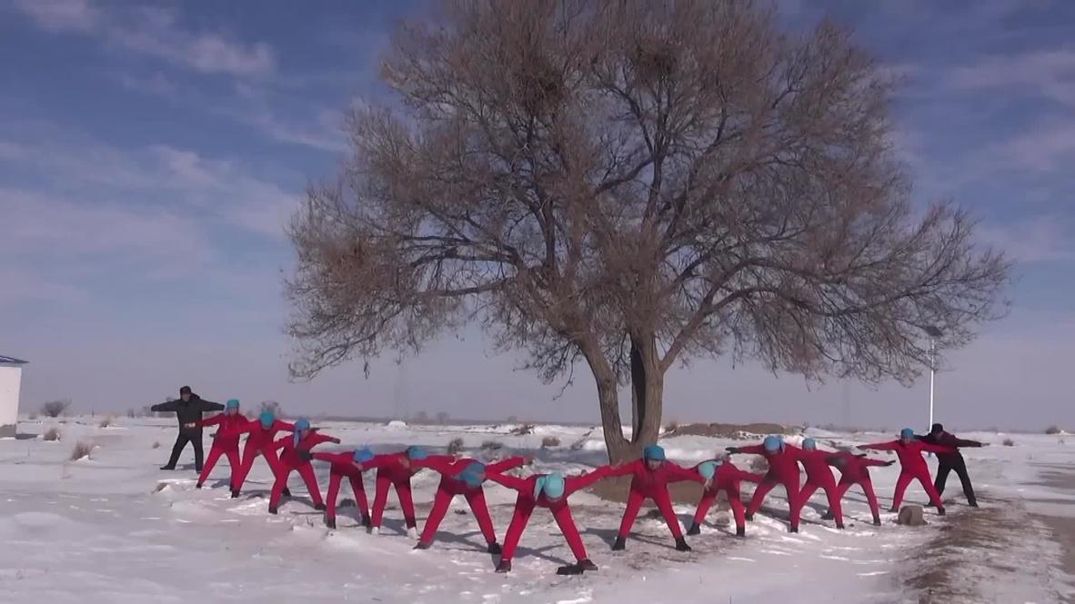 Ancianos muestran sus habilidades practicando yoga sobre la nieve en una aldea china