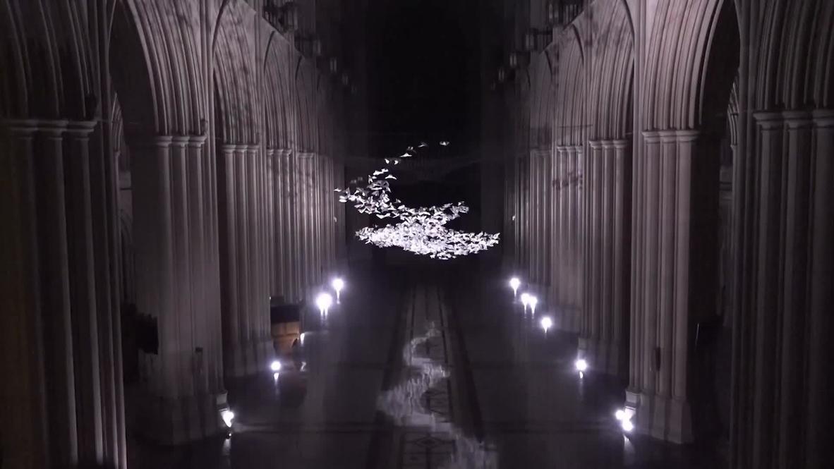 Origami doves adorn Washington Cathedral as it tolls its bell 400 times for COVID victims