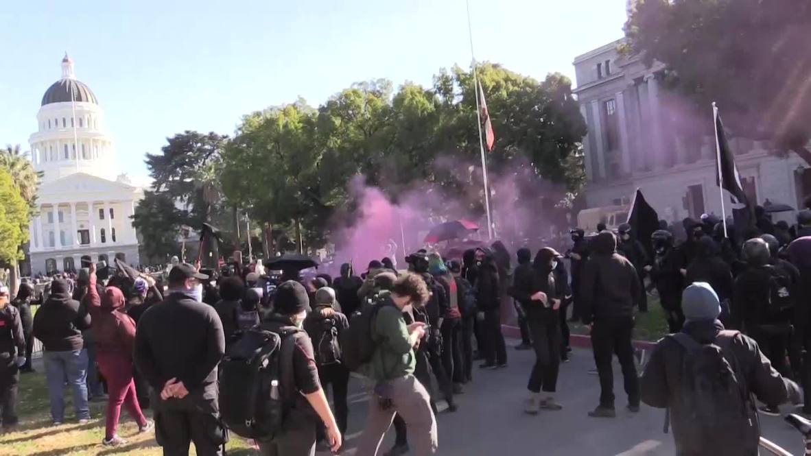 USA: Dozens of antifa protesters rally outside California's state capitol in Sacramento on inauguration day
