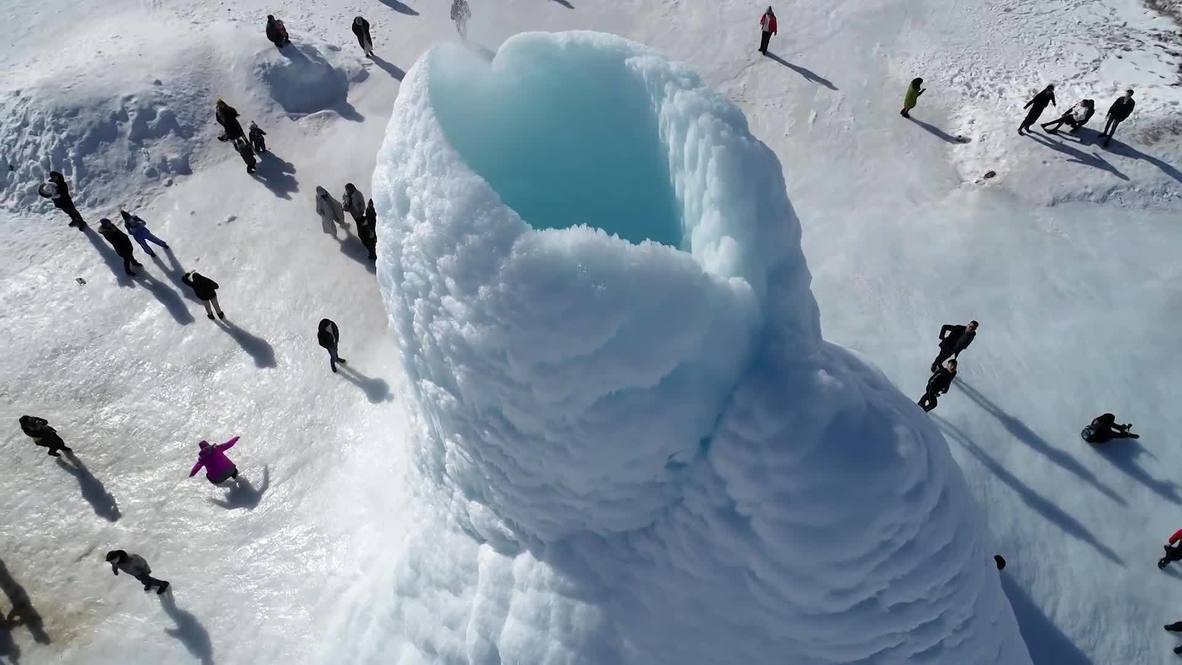 Kazakhstan: Unusually shaped ice 'volcano' grows as cold weather sets in