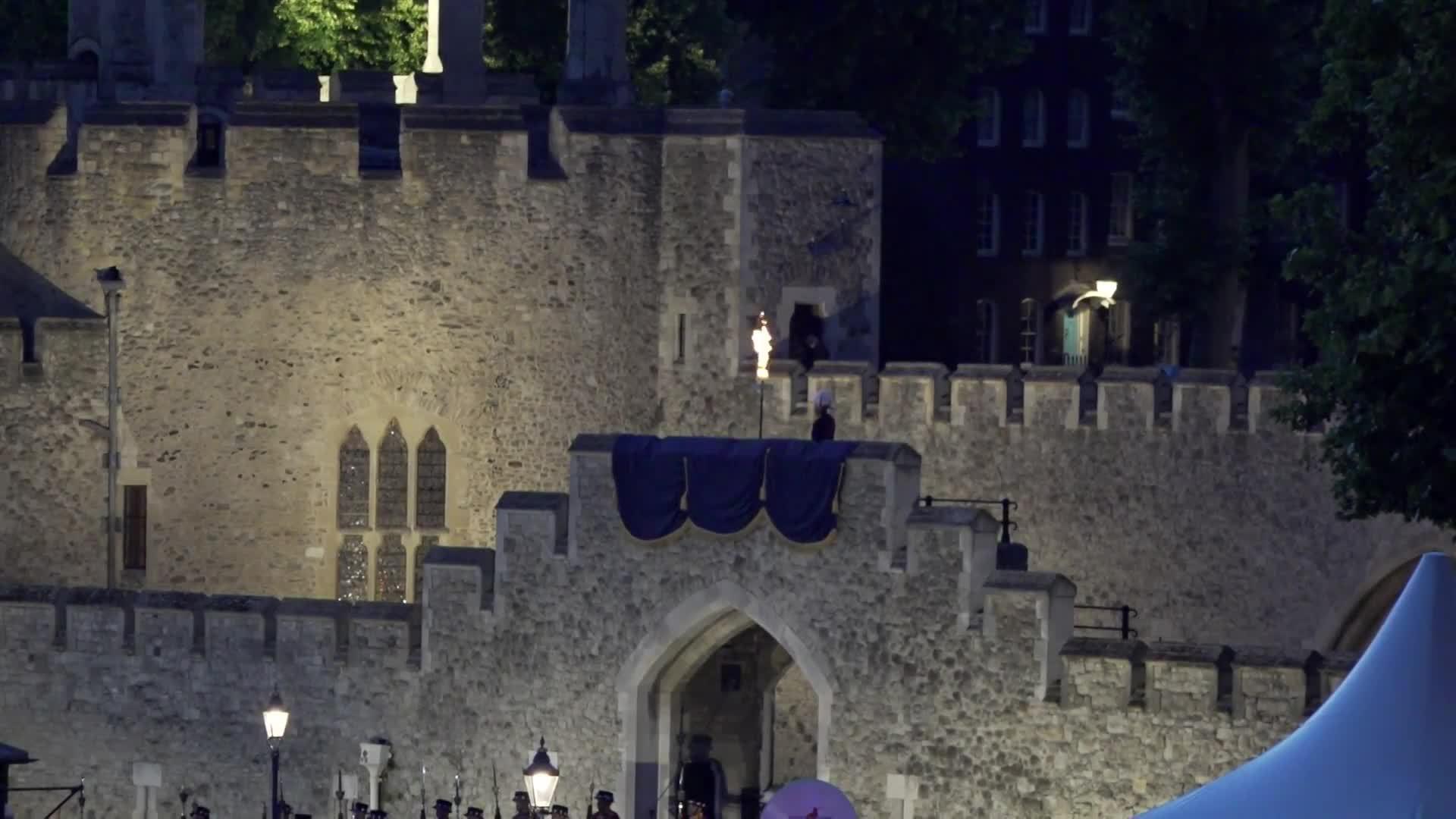 UK Beacons light up at the Tower of London to mark the Queen's