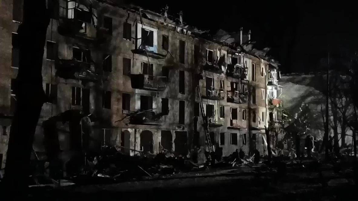 Ukraine: Destroyed building, first aid tents seen after reports of shelling in Vyshhorod
